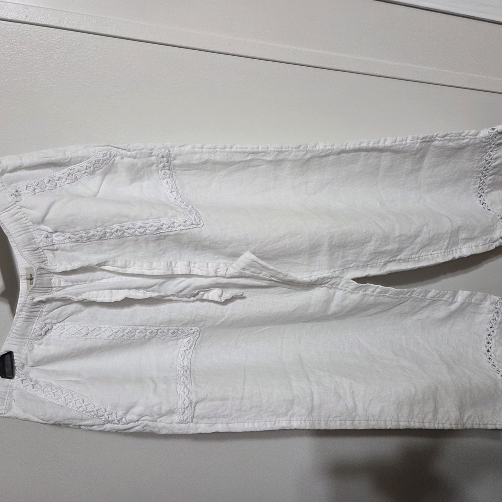 Used Joie White Linen Pants with Lace Accents